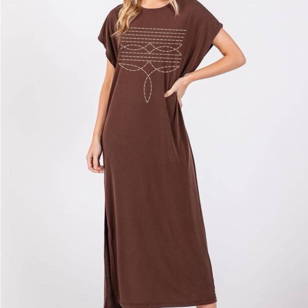 Cowboy Boots Toe Stitch Graphic S/S Cupro Maxi Dress